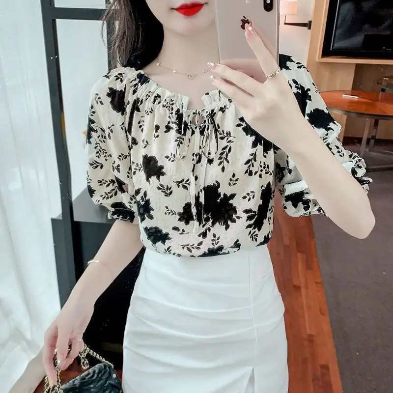 Temperament Floral Blouse Summer New Short Sleeve Lacing Drawstring Printing Loose Shirt Tops Fashion Elegant Women Clothing