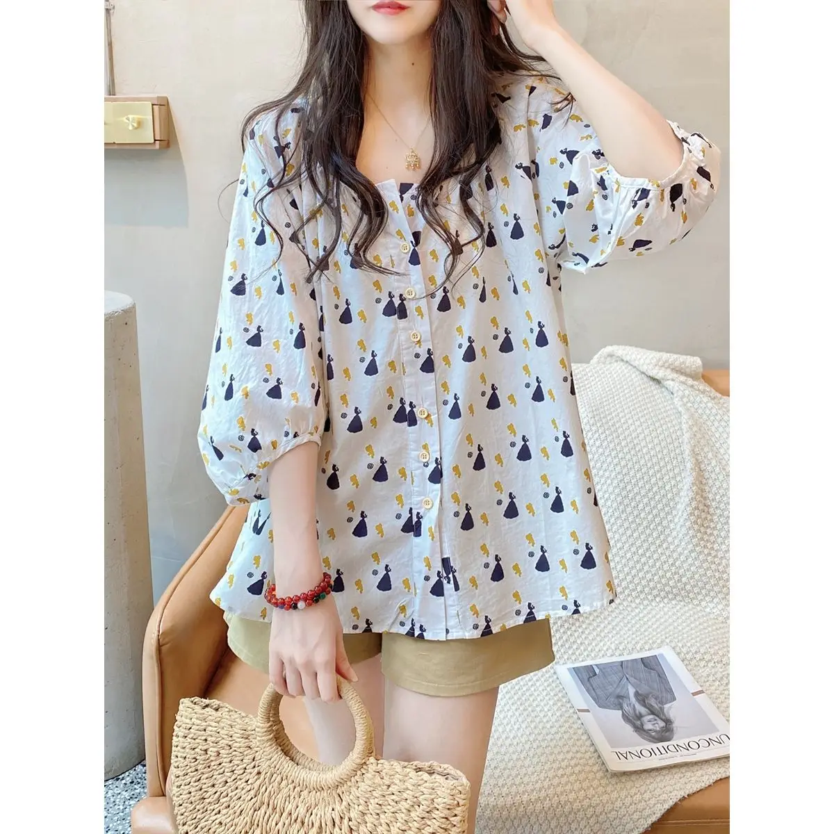 Summer Commuting Korean Edition V-neck Women's Doll Shirt Loose Lantern Sleeves Fragmented Blouse Casual Shirt Top for Women