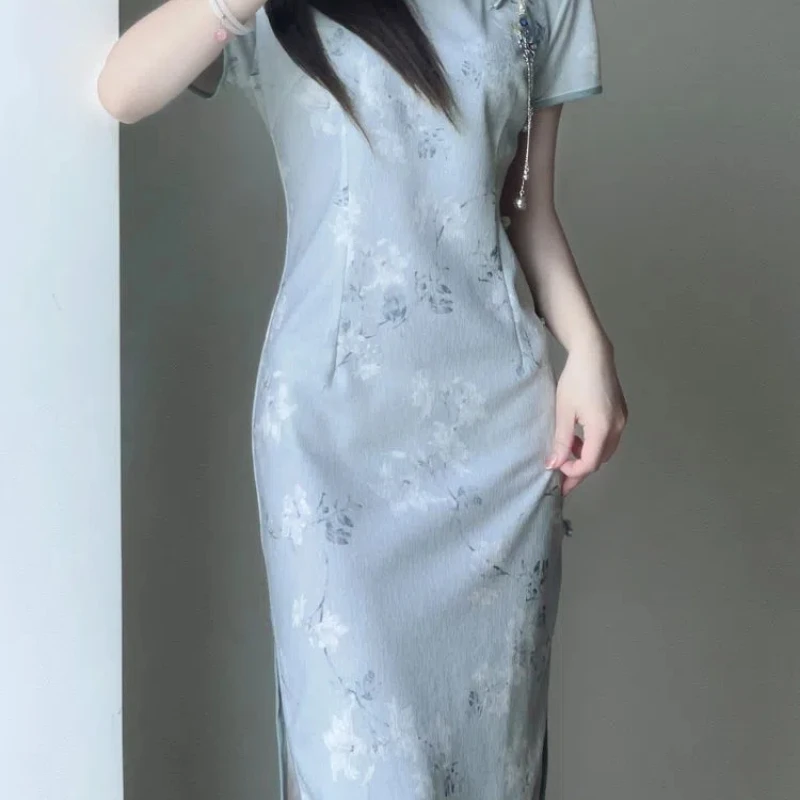 New Chinese Style Cheongsam Dresses Female Summer 2024 New Pattern Waist Temperament Short Sleeve Stand Collar Women\'s Clothing