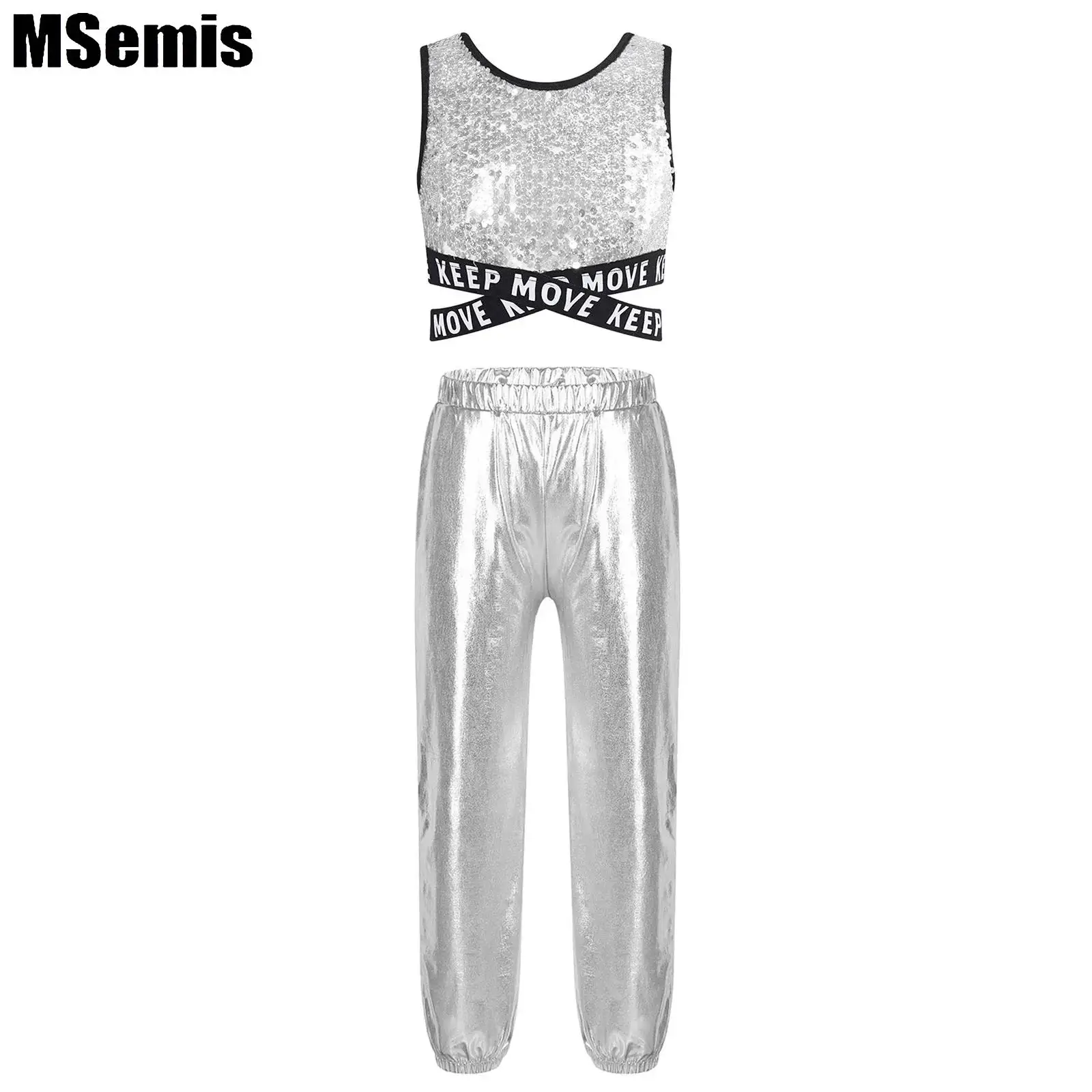 

Kids Girls Sequins Dance Sets Sleeveless Round Neck Criss-cross Waistline Crop Top with Metallic Pants for Hip-hop