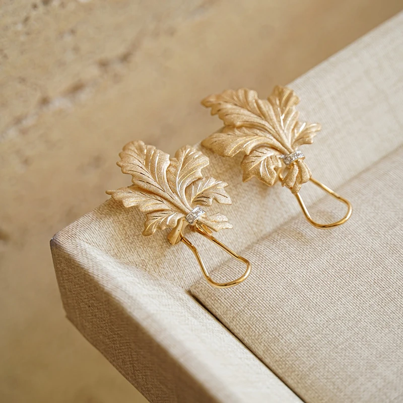 Aazuo Real Vintage Jewelry 18K Solid Yellow Gold Real Diamonds Fairy Leaf Clip Earrings Women's Engagement Party Jewelry Gift view 2