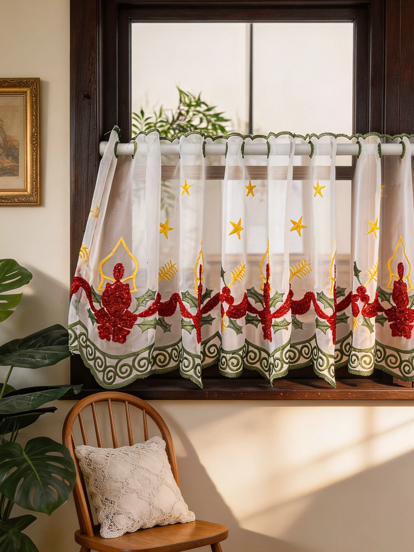 Vintage Candle Embroidered Sheer Cafe Curtain, Rod Pocket Short Kitchen Valance, Farmhouse Light Filtering Window Curtain