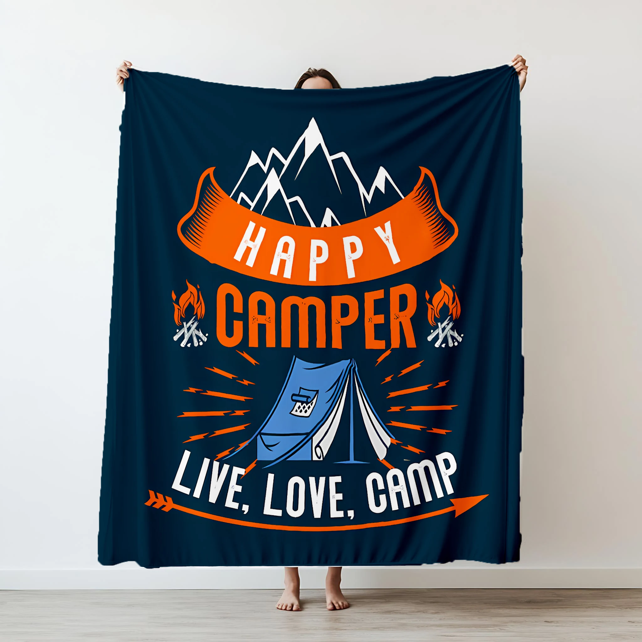 

Summer Happy Camper Fashionable Blanket Camping Throw Bed Sofa Office Air Conditioning Soft Leisure Travel Customizable Throw