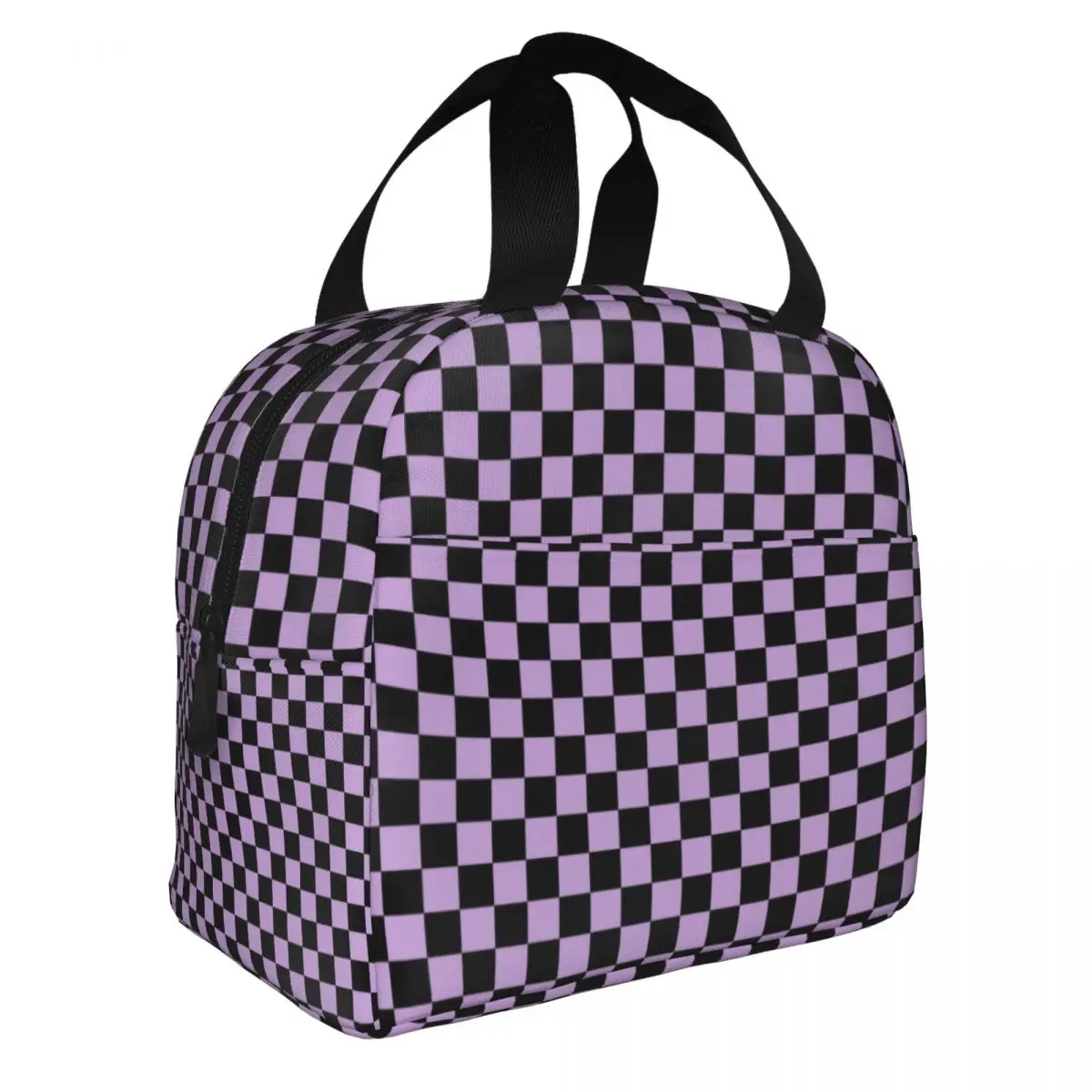 Checkerboard Pattern Lavender And Black Insulated Lunch Bag for Women Waterproof Cooler Thermal Lunch Box office Work School