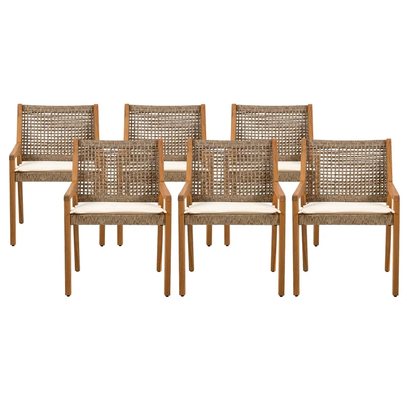 

Acacia Wood and Wicker Outdoor Dining Chair Set with Cream Cushions, Teak Finish, Brown Wicker, 6-Piece Patio Furniture for Large Gatherings