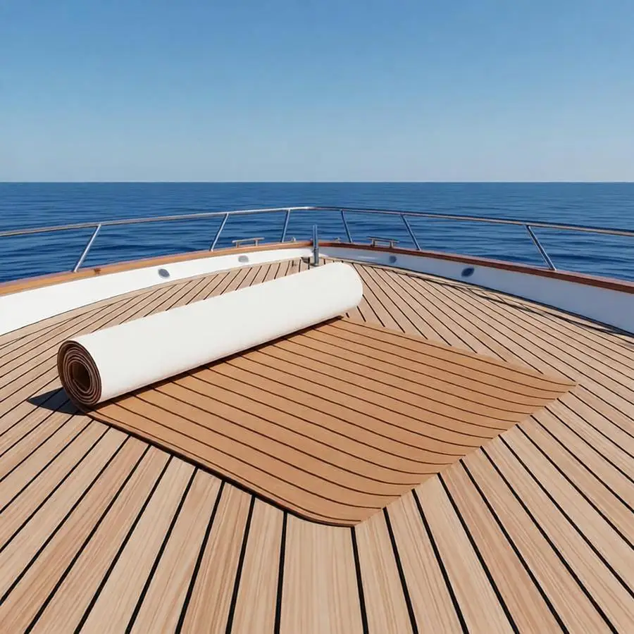 Tappetino Antiscivolo in Schiuma EVA Marrone Effetto Teak 3000x900x6mm per Pavimento Barca, Ponte Yacht, Pesca, Camper con Adesivo Forte sul Retro