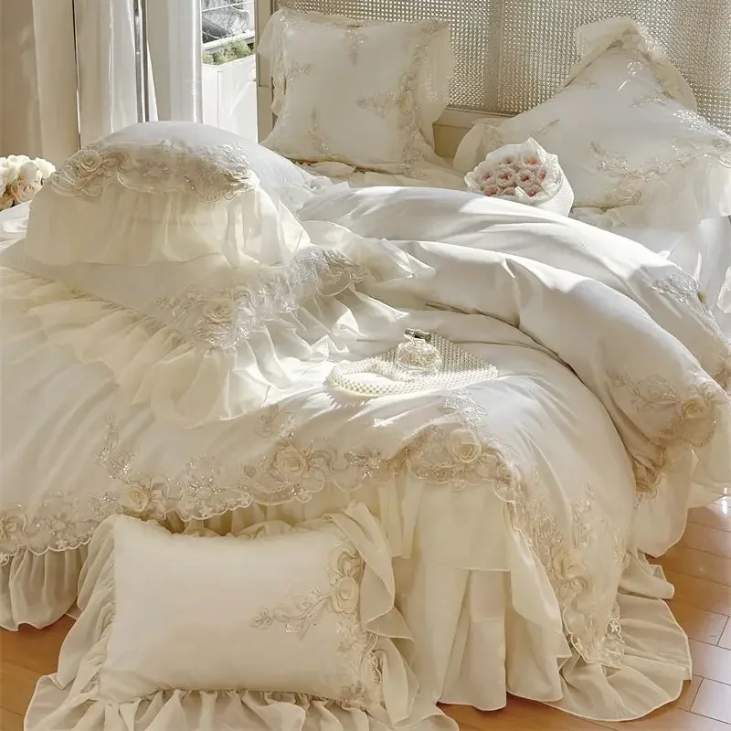 1000TC Egyptian Cotton Wedding Bedding Set, Romantic French Lace Ruffles, Flowes Embroidery, Duvet Cover, Bed Sheet, Pillowcase