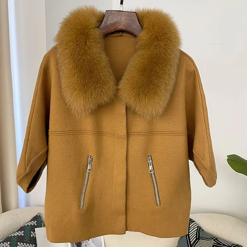 OFTBUY Herbst-Oberbekleidung für Damen, Kurze Batwing-Strickjacke mit Echtfuchs-Pelzkragen und -Manschetten, Kurzer Strickmantel für Damen – Detail 8