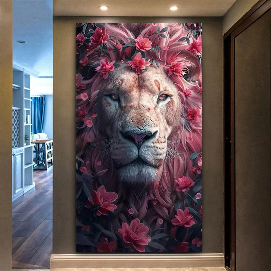 Fullcang Diy Large Size Diamond Painting Kits Lion Head Flower Full Drill Mosaic Embroidery Wild Animals Picture Wall Decor