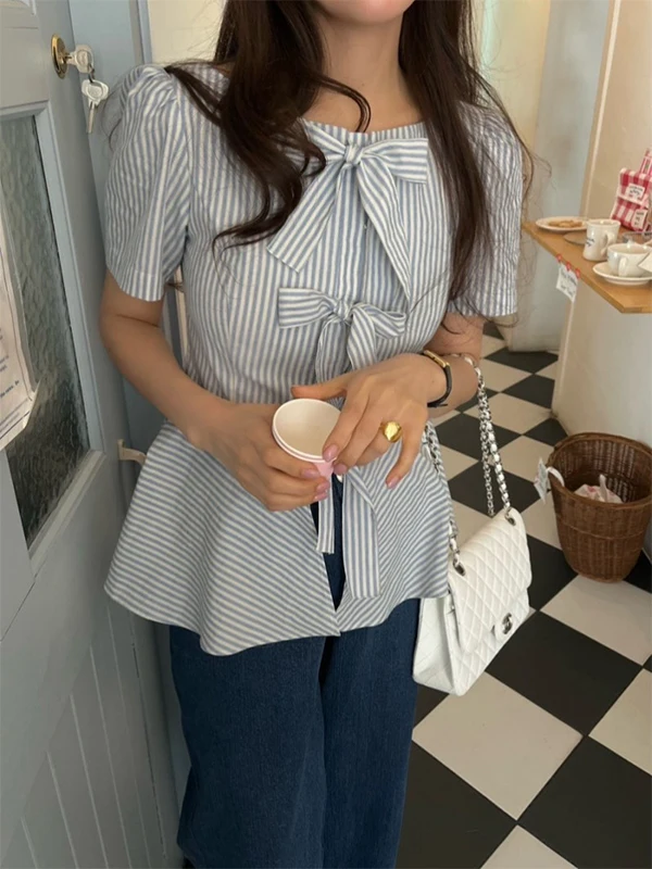 

Korean Sle Striped Knot irt Women's Bubble Sve Top Slimming Waist Design Summer New Casual Loose Fit Blouse