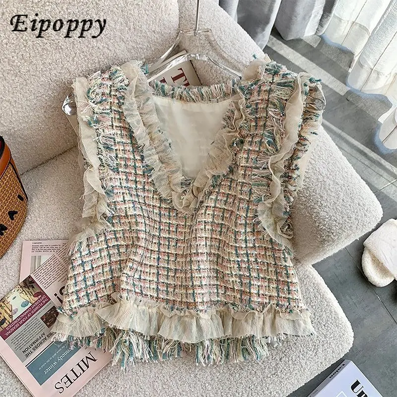 Vintage Tweed Vest Slim Crop Tops Autumn Colete Feminino V Neck Knitted Plaid Vest Sweater French Waistcoat Ruffled Blouse