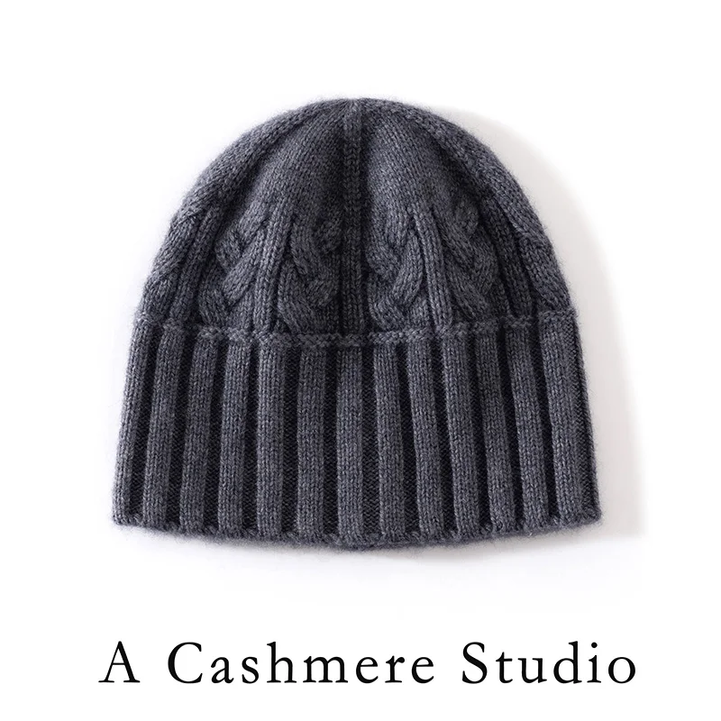 New Real Cashmere Winter Bonnet Knitted Beanie Cable Thickened Striped Leisure Hat Women's Winter Solid Color Cashmere Bonnet