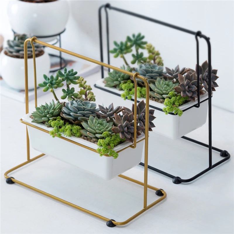 Nordic Flower Pot Geometric Iron Frame Ceramic Succulent Cachepot for Flowers Black White Creative Plant Pot Desktop Ornament