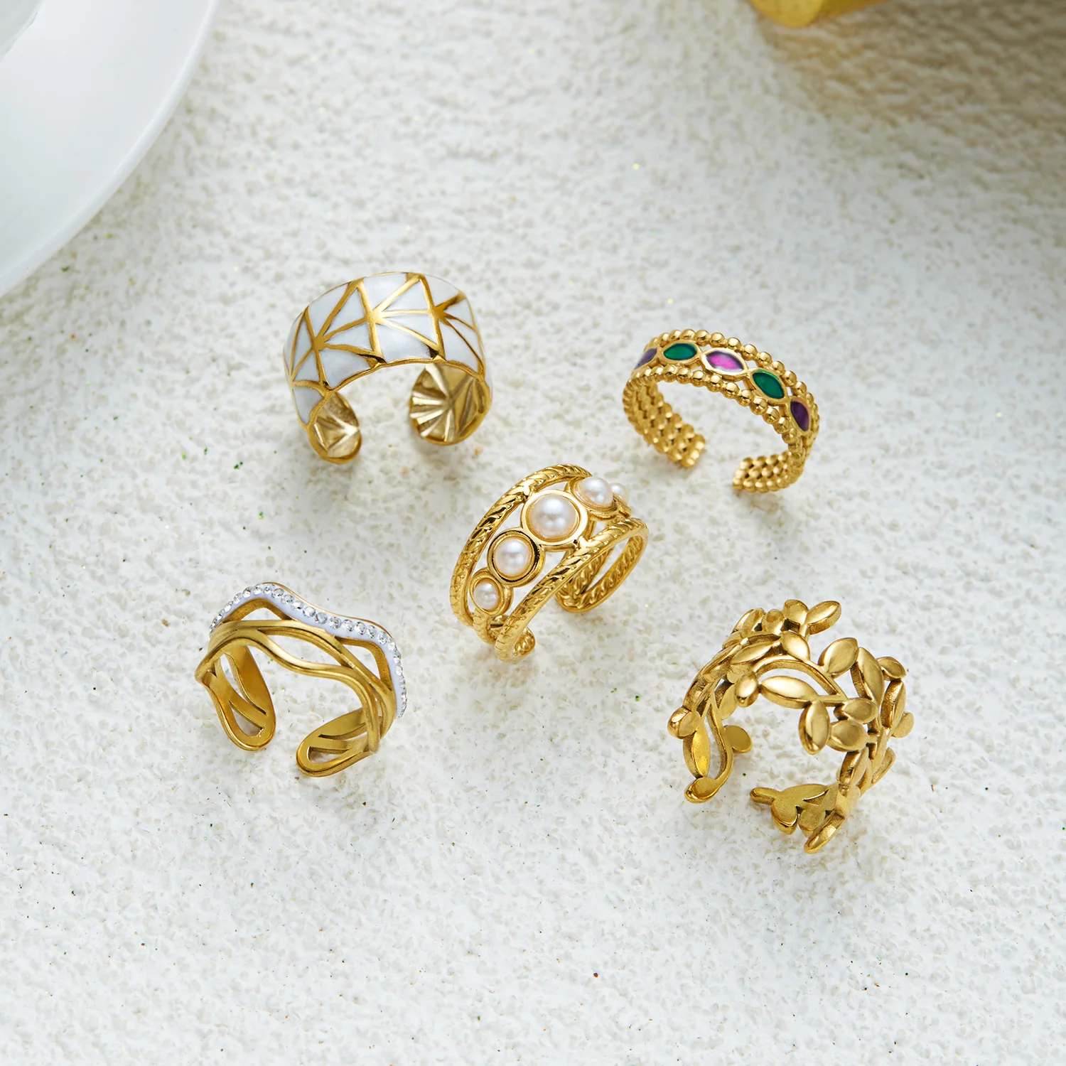Stainless Steel French Double Layer Wave Imitation Pearl Ring for Women Vintage Stackable Hollow Leaf Non-Fading Ring Jewelry