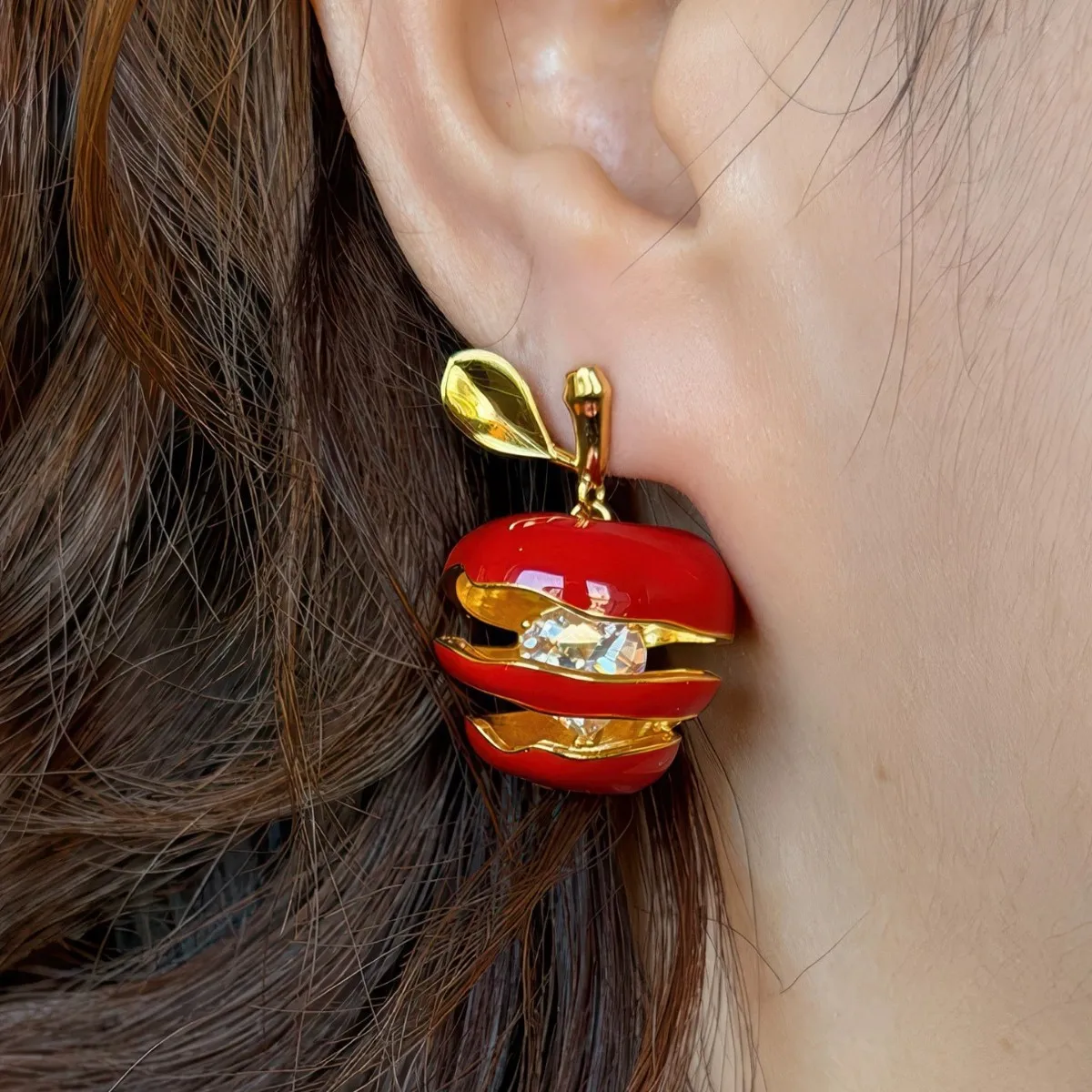 

New Party Series Red Apple Heart Zircon Pendant Earrings Vintage Sweet Original Design Ear Jewelry Gift For Women