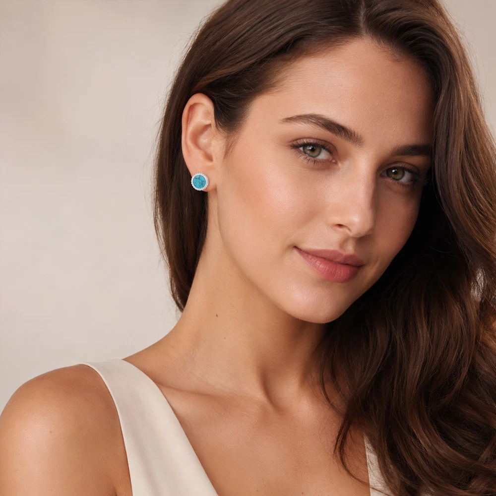 Ear Studs Round Turquoise Flower Europe Bohemia Jewerly For Women New Gift In Pure 925 Sterling Silver