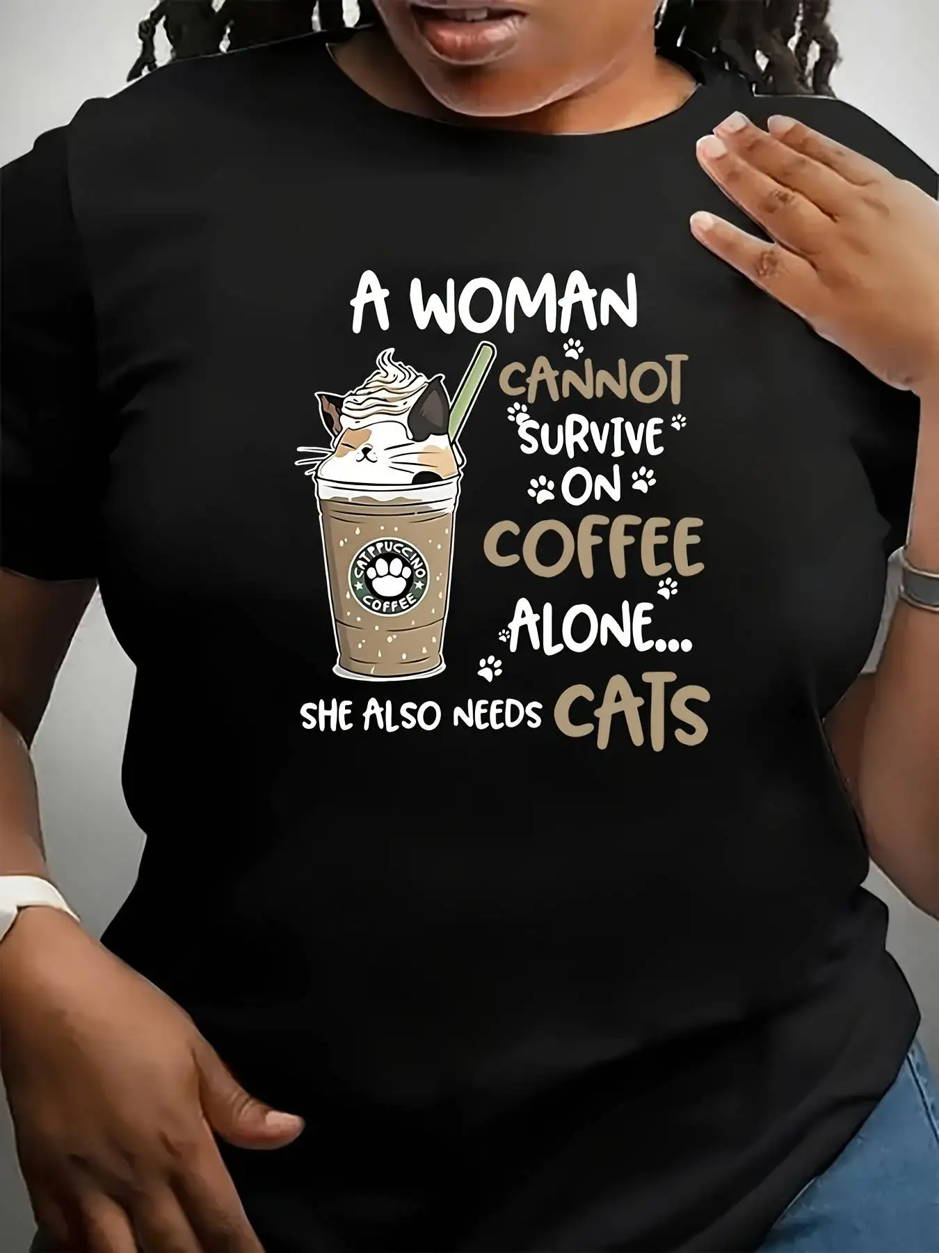Women's Casual T-Shirt Cat and Coffee Graphic Print T Shirt Fuuny Fashion Crew Neck Tees Tops Clothes Outfit Female Ladies 2000s