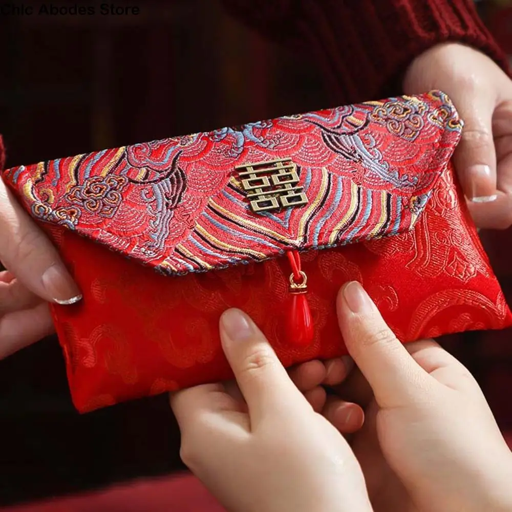 

New Year Blessing Words Brocade Red Envelope Spring Festival Brocade Cloth Tassel 2025 Money Pocket Best Wishes HongBao