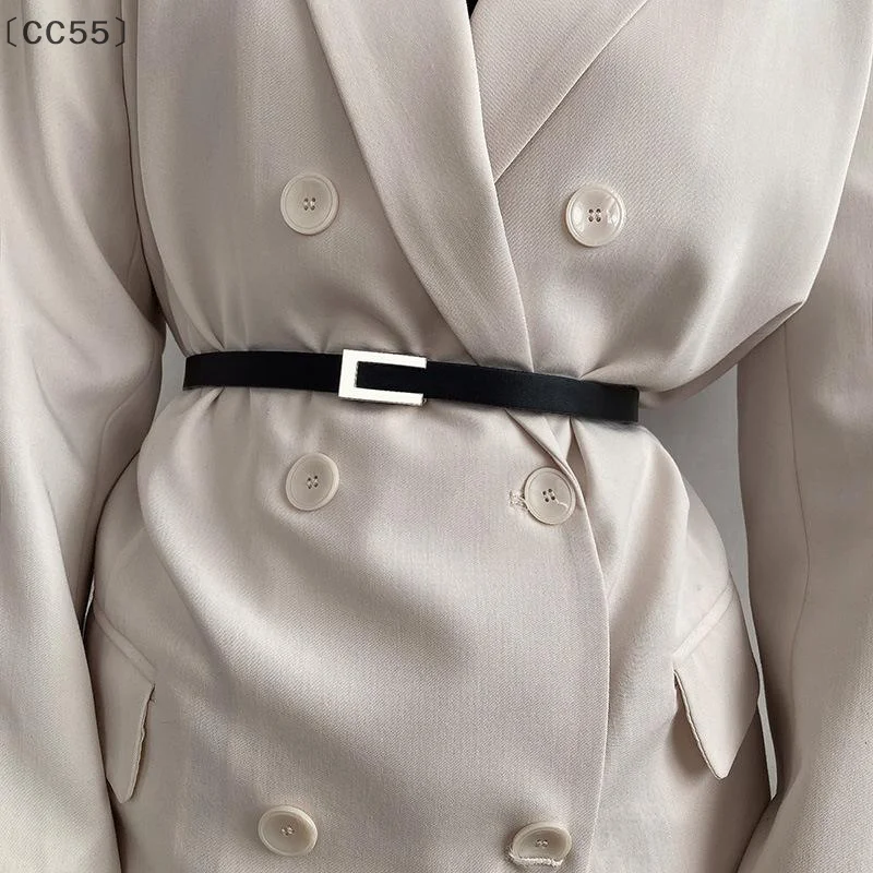 〔CC55〕Women Thin Belt Black Gold Silver Metal Buckle Belt PU Casual Leather Waist Belt Trouser Dress Decoration Waistband