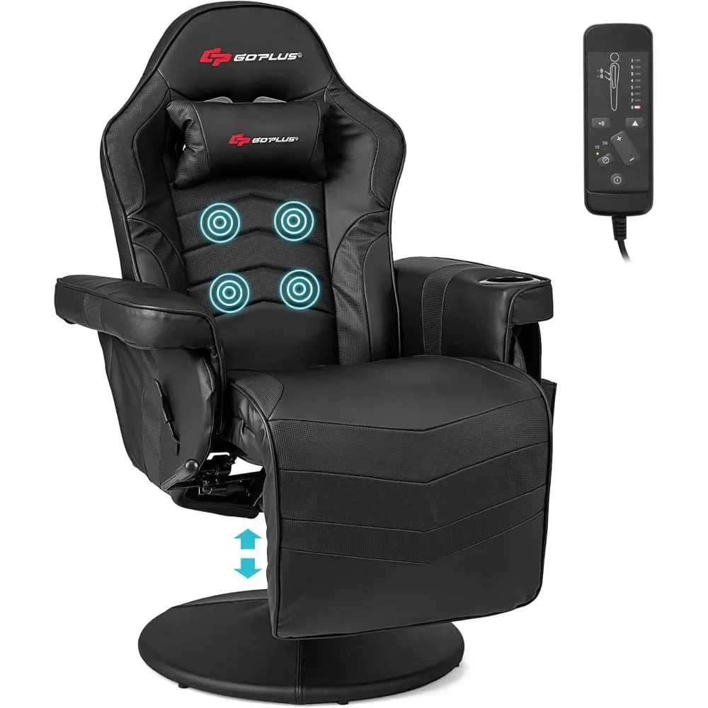 Silla de videojuegos de masaje de altura ajustable con reposapiés retráctil, portavasos, reposacabezas, silla de oficina giratoria