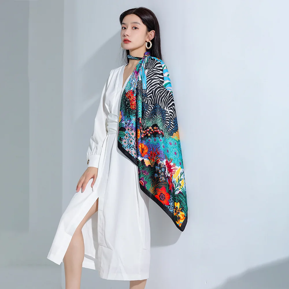 90*90cm Women Scarf Silk Feeling Hair Neck Square Brand Office bandanna muffler Waiter Flight Attendants Handkerchief Rings wrap image 3