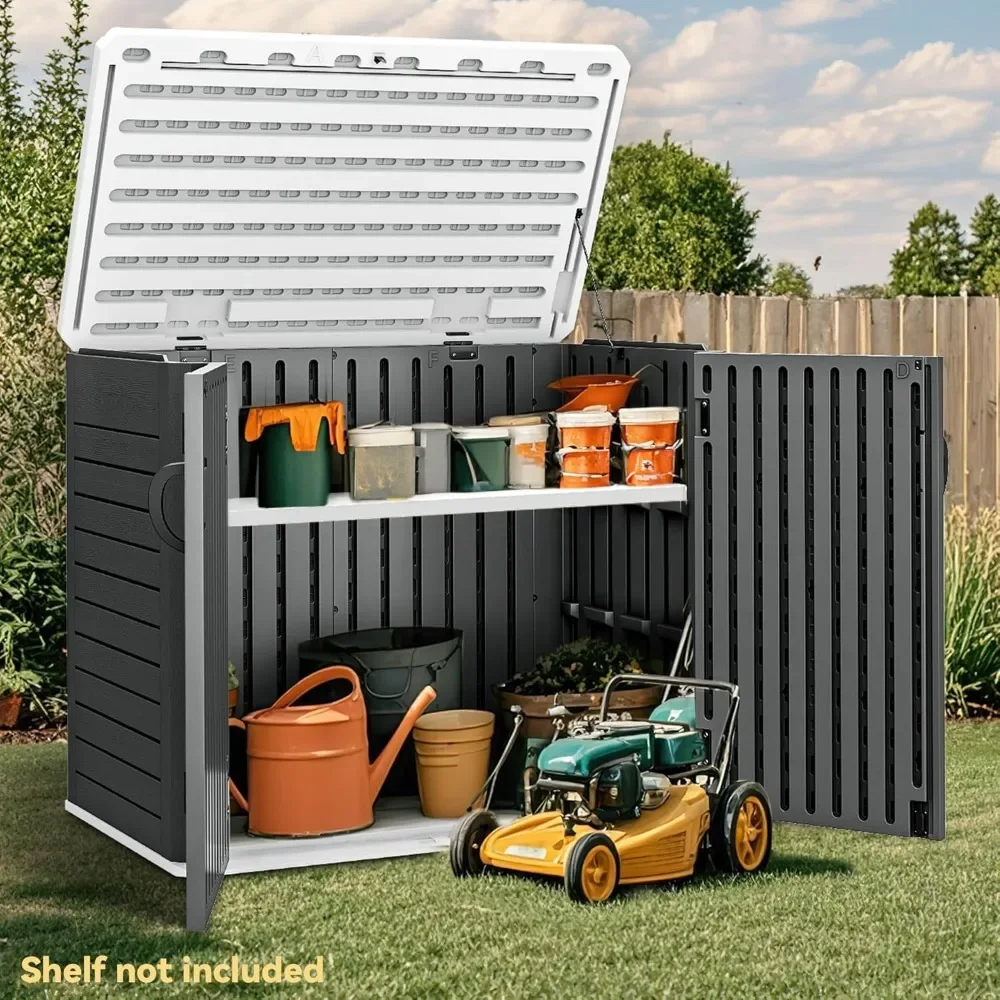 

35 Cu Ft Storage Shed with Unique X-Shaped Lockable Door, Outdoor Weatherproof Resin Shed Without Shelf for Waste Bins, Bicycle