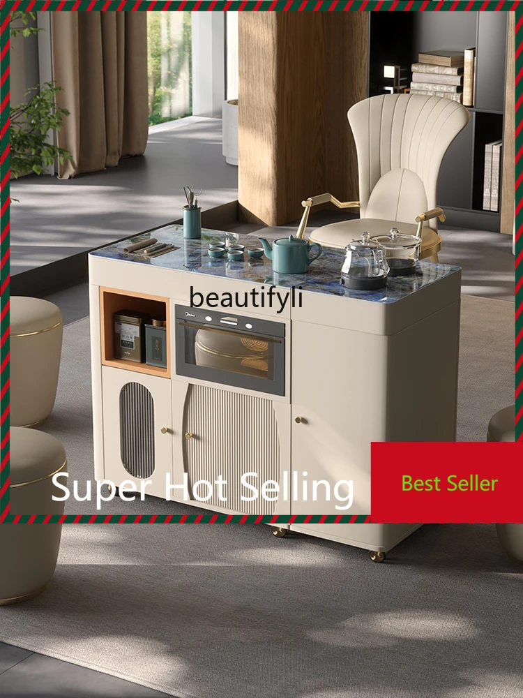 

Household balcony rock slab tea table movable retractable cart making integrated table