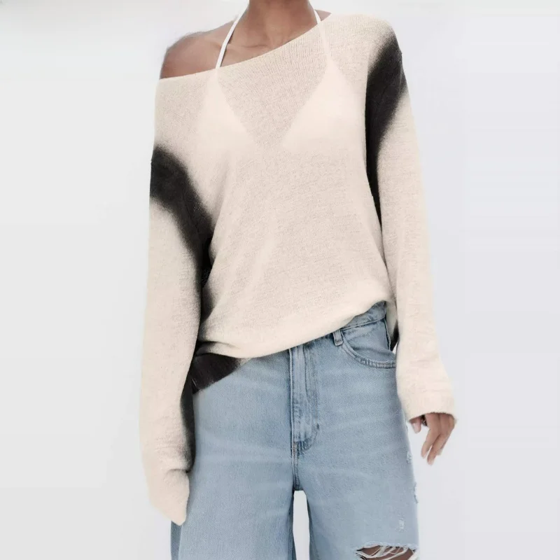 

New Summer 2025 Women's Knitted Long Sve round Ne Sweater Color Blo Print Worn Effect Commute Sle Loose Fit