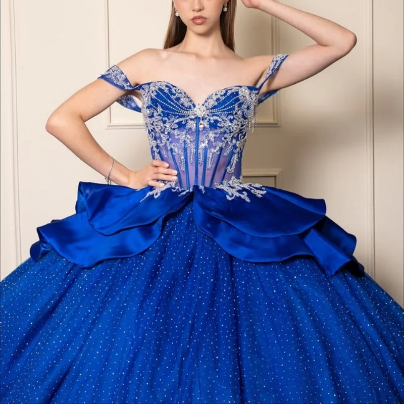 

Shiny royal blue Quinceanera Dress off-shoulder crystal glitter decal Bow Long tail vestidos de 15 Quinceanera ﻿Customize