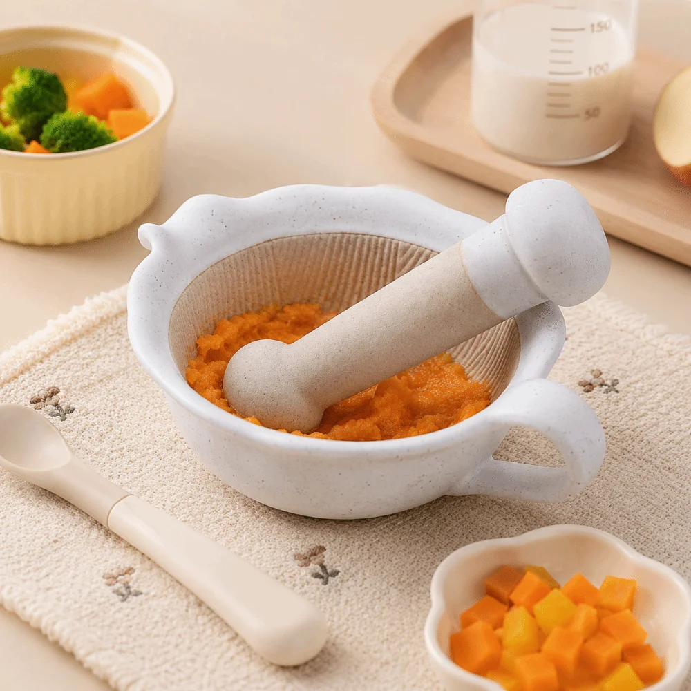 Manual Ceramic Grinding Bowl Vintage Safety Baby Food Milling Bowl Handle Easy Clean Rice Paste Bowl Baby Food Making