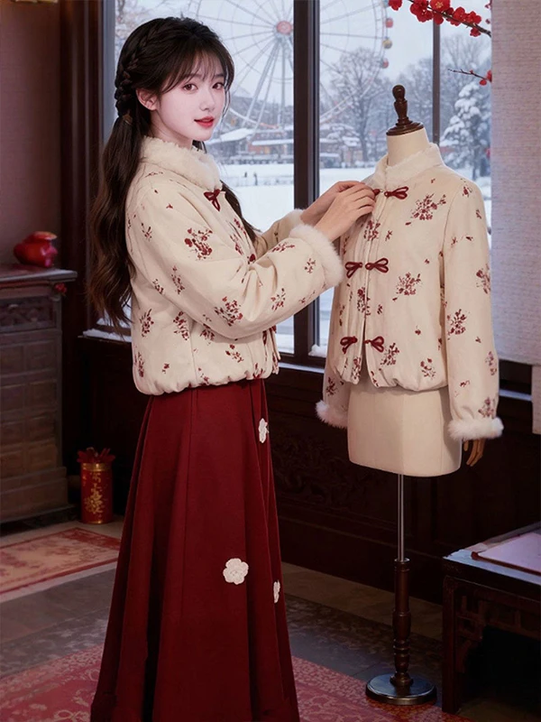 

Red Cotton Jaet And High Waist Skirt Women's Faionable Spring Outfit Set Traditional New Year's Clothing Ensemble