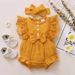 0-18 Months Newborn Baby Girl Bodysuit with Headband Lovely Lace sleeveless Summer Romper Toddler Girl Fashion Clothing