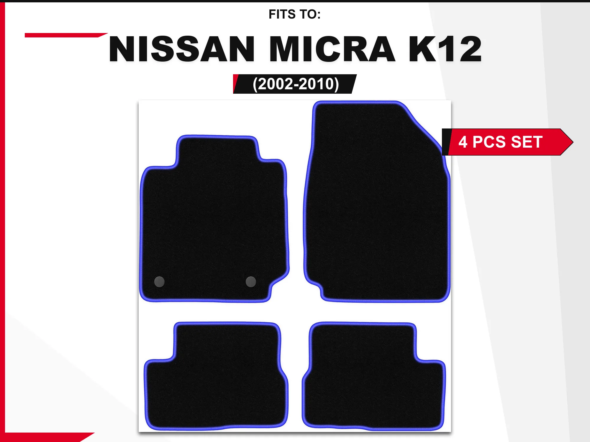Velourstapijten voor: Nissan Micra K12 2002-2010 zwart en blauw bijpassende set autovloerbedekking
