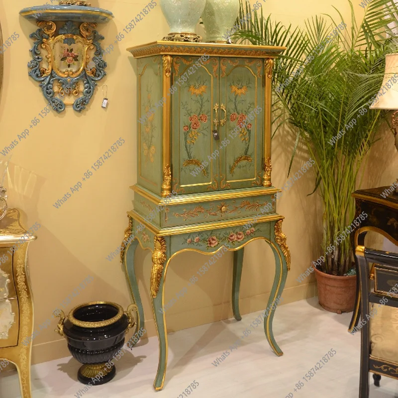 French European Luxury Green Decorative Cabinet Solid Wood Multi-layer Hand-Painted Gold Foil Old High Cabinet