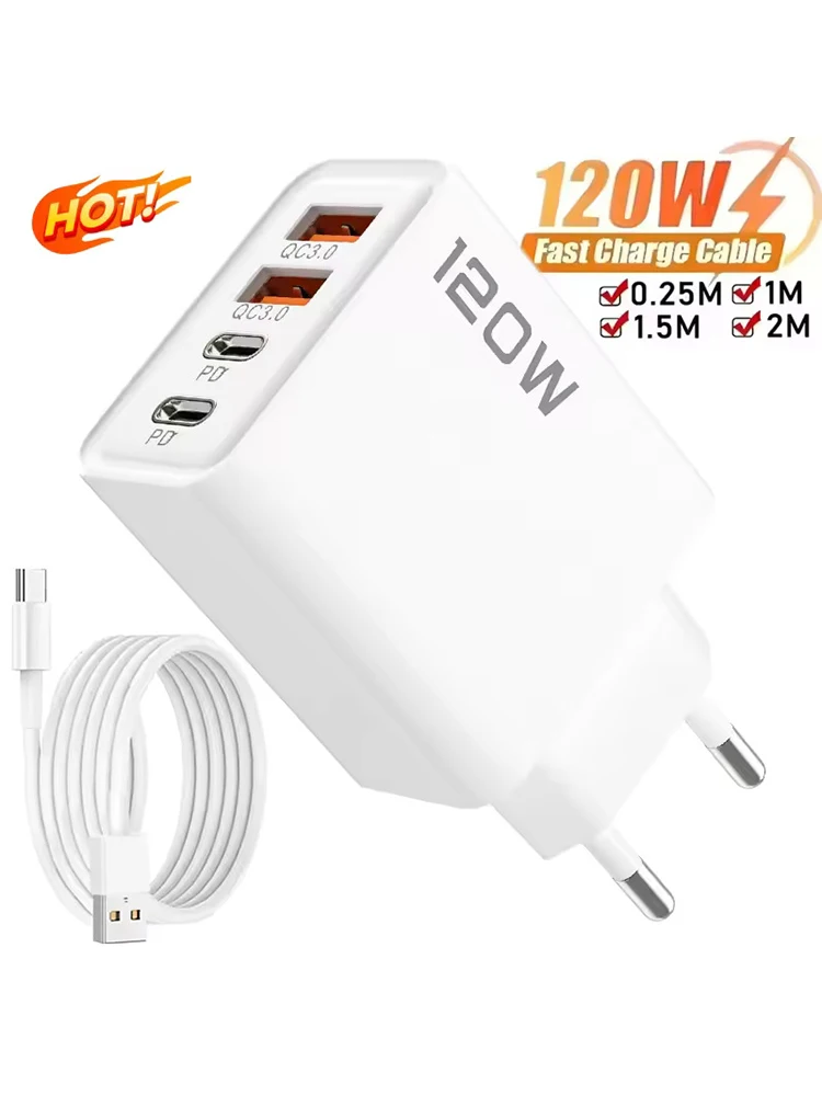 4 Poort 120W USB C Fast Charger Station PD QC3.0 Muur Adapter Datakabel Voor iPhone Samsung Xiaomi Huawei EU US UK Plug Reizen - afbeelding 2
