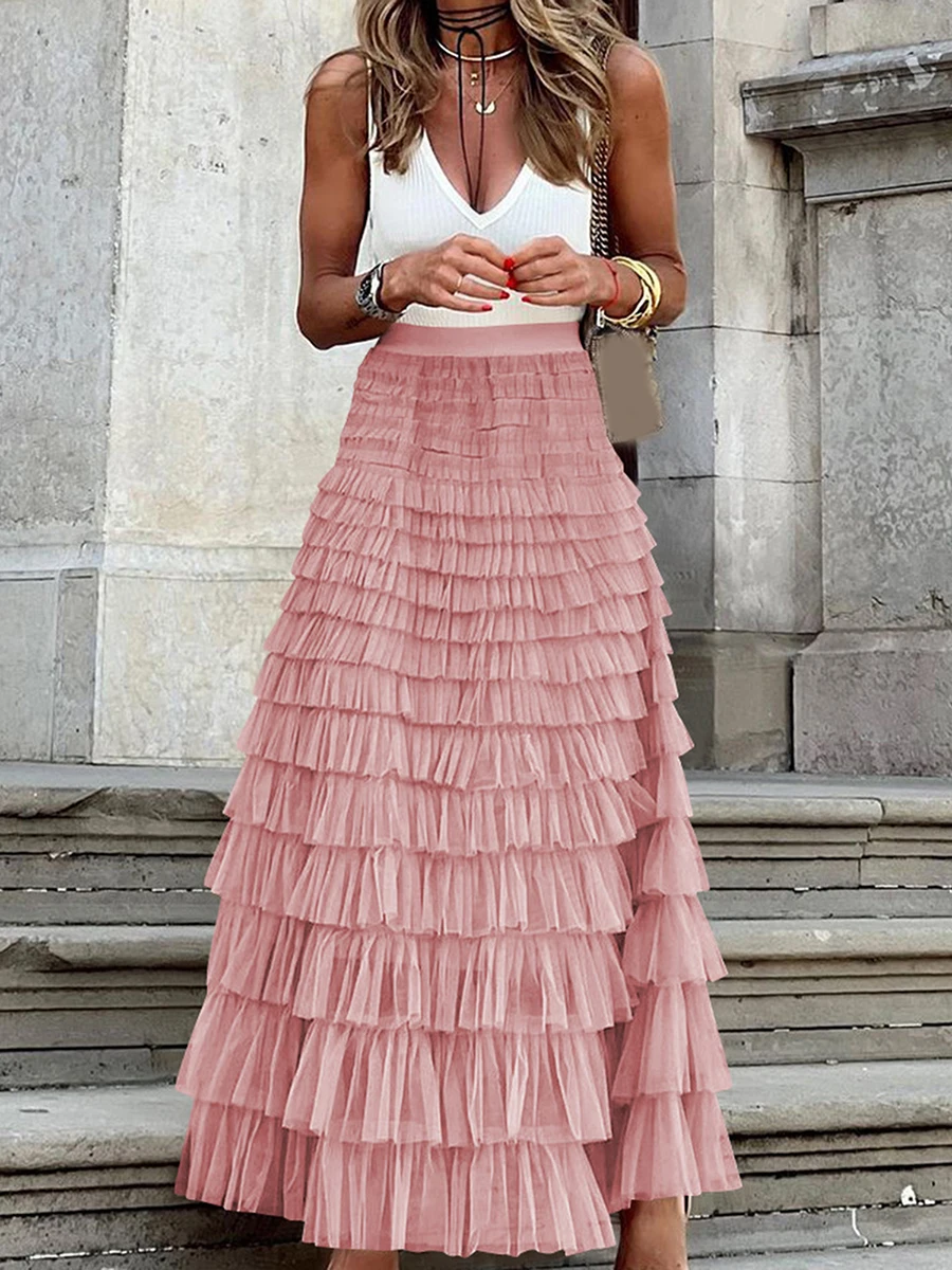 

New Fashion Womens Long Skirt Multilayer Mesh Pleated High Waist High Stretch Elegant Solid Color Cake Skirt Streetwear Hot Sale