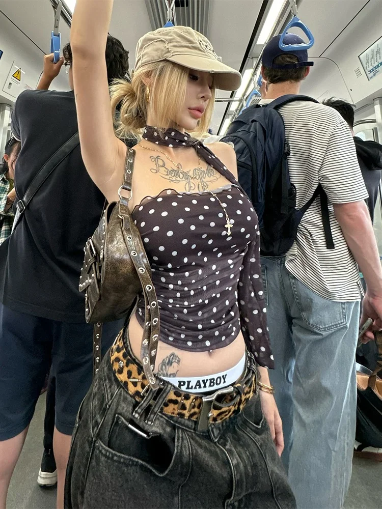 WEIRD PUSS 레트로 홍콩 스타일 폴카 도트 슬림 핏 여성용 튜브 탑 폴리에스터 스판덱스