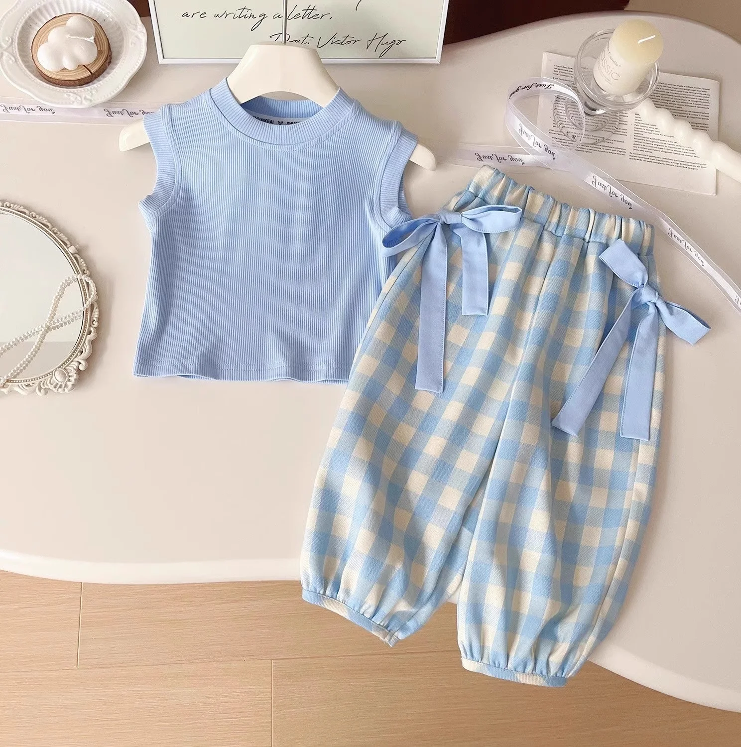 Summer Baby Girls Cotton Stylish Plain Crop Shirt Top+Lace Up Plaid Pant Set Kids 2PCS Tracksuit Children Vacation Outfit