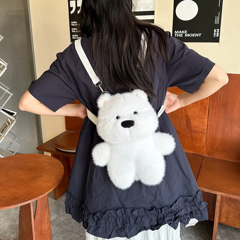 Nouveau dessin animé doux ours blanc en peluche poupée sac à bandoulière léger banlieue polyvalent en peluche chiot en peluche sac à dos