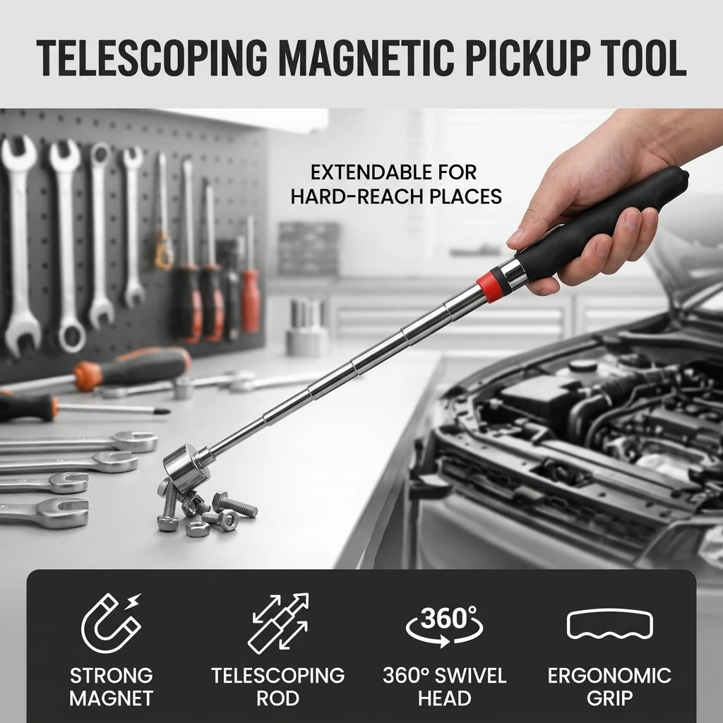 Stainless Steel Magnetic Pickup Tool for Automotive Repair Mechanics Neodymium Magnet Telescoping Rod 360 Rotating Head