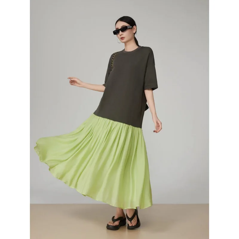 

FRAYA LAB Japanese-style Retro Green Patchwork T-shirt Dress Summer High-end Loose Color-block Short-sleeve Dress 2026 New
