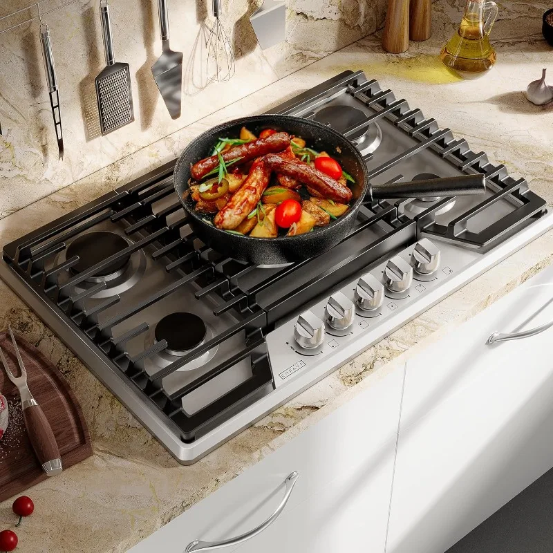 Empava 30 pol. Cooktop embutido em aço inoxidável com 5 fogões a gás incluindo um queimador de potência de 18000 BTU, 30 pol., prata