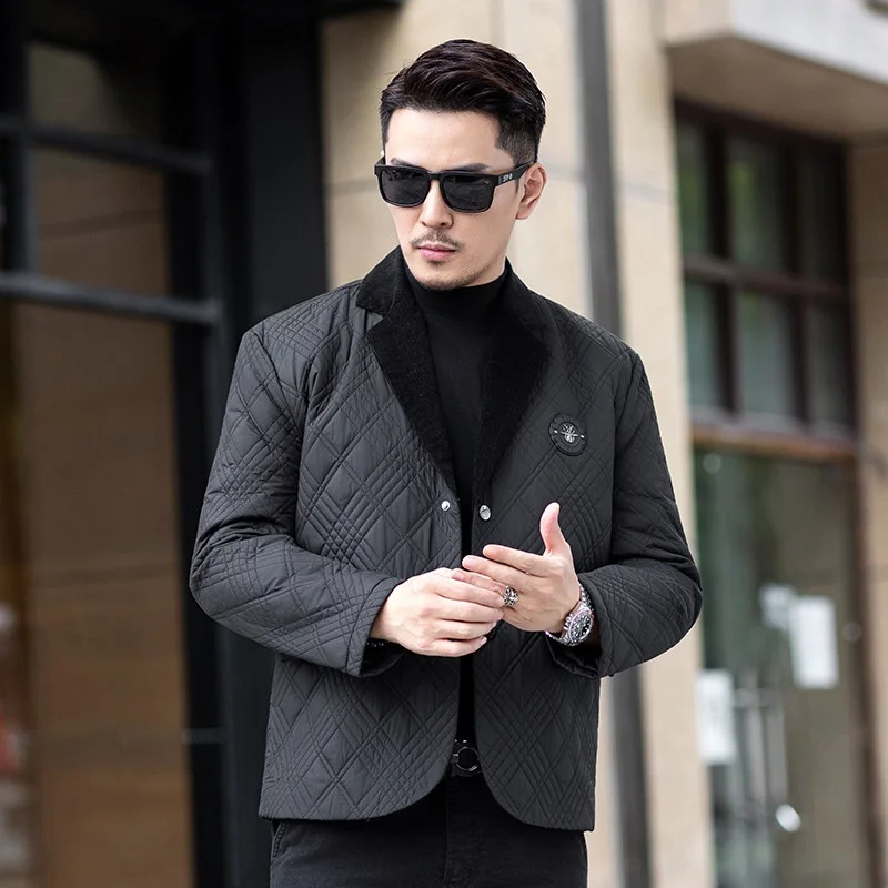

Thiened Busin Casual Cotton Jaet for Men with Rhombus Pattern Stand Fit Faion Urban Sle Long Sve Warm Coat