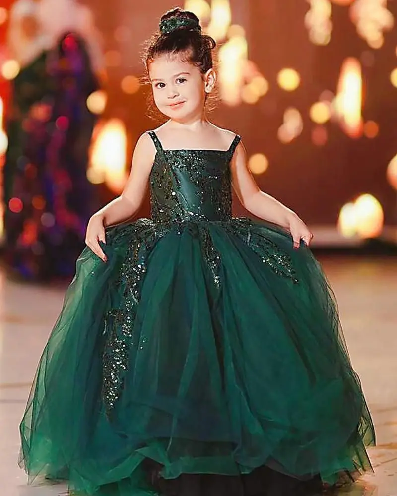 Dark Green Flower Girl Dresses For Wedding Suspender Floor Length Baby Girl Prom Gown for Photoshoot First Communion Gowns