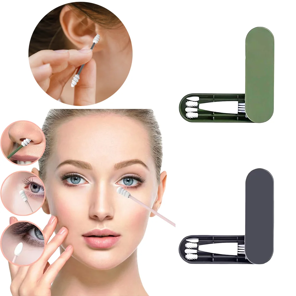 Silicone Ear Scoop Cotton Swab Set, Reusable Double-Head Swabs 4pcs with Brush Ear Care Tool, 1pc