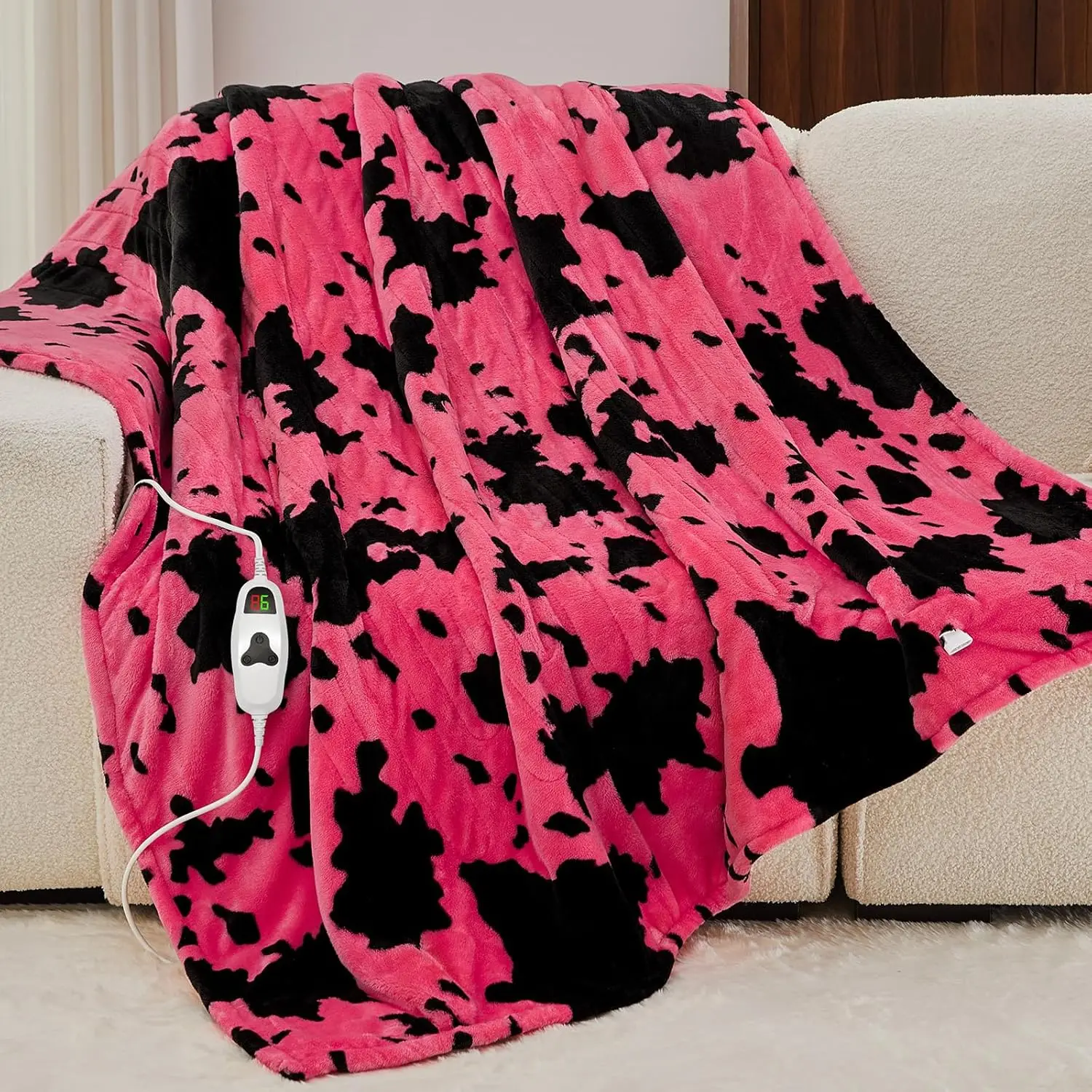 

Электрическое одеяло с подогревом розового коровьего принта, 50x60 с 10 уровнями нагрева и автоматическим отключением, моющийся флисовый шерпа в подарок