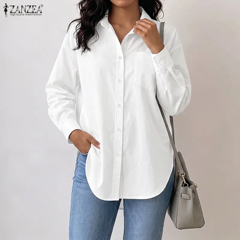 ZANZEA Woman Rounded Hem Long Shirts Casual Turn-Down Collar Long Sleeve Button Up Blouses Autumn Solid Chemise Femme Streetwear