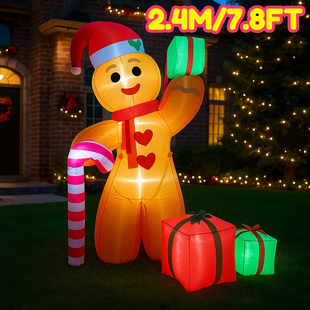 2.4 متر/7.8FT زينة عيد الميلاد لعبة قابلة للنفخ الزنجبيل رجل قصب الحلوى هدية صندوق المنزل ساحة الحلي LED زينة عيد الميلاد لعبة #1