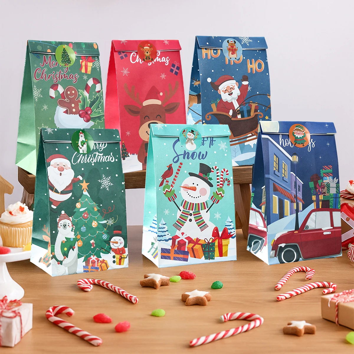 

12pcs Christmas Paper Gift Bags with Stickers Christmas Decorations For Home 2025 Xmas Navidad Noel Gifts New Year Packaging Bag