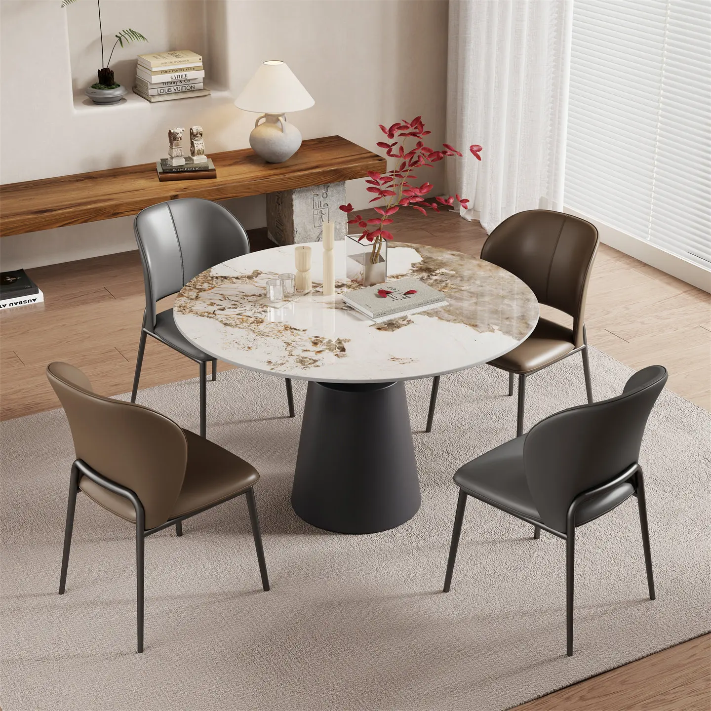 Light luxury cream style business negotiation table and chair combination square rock slab dining table small apartment home lei